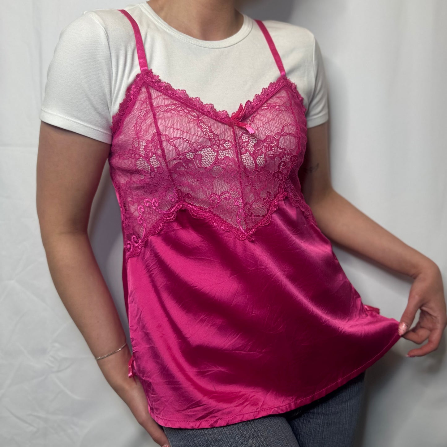 Silk Lace Babydoll Cami in Hot Pink (L)