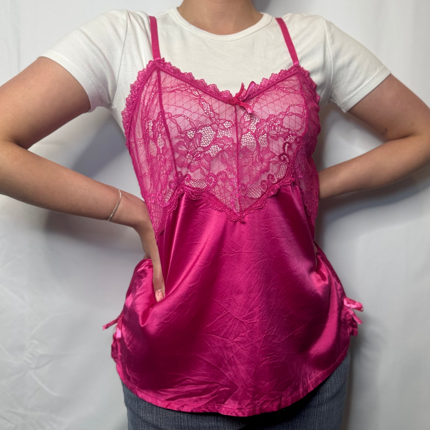 Silk Lace Babydoll Cami in Hot Pink (L)