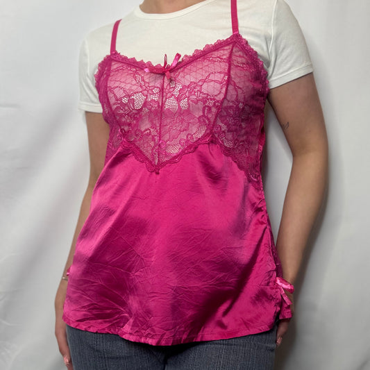 Silk Lace Babydoll Cami in Hot Pink (L)