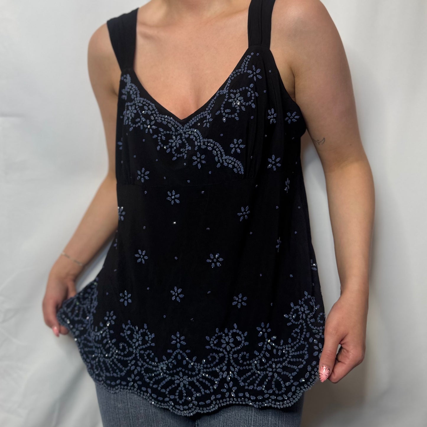 Vintage Black Beaded Cami Top (XL)
