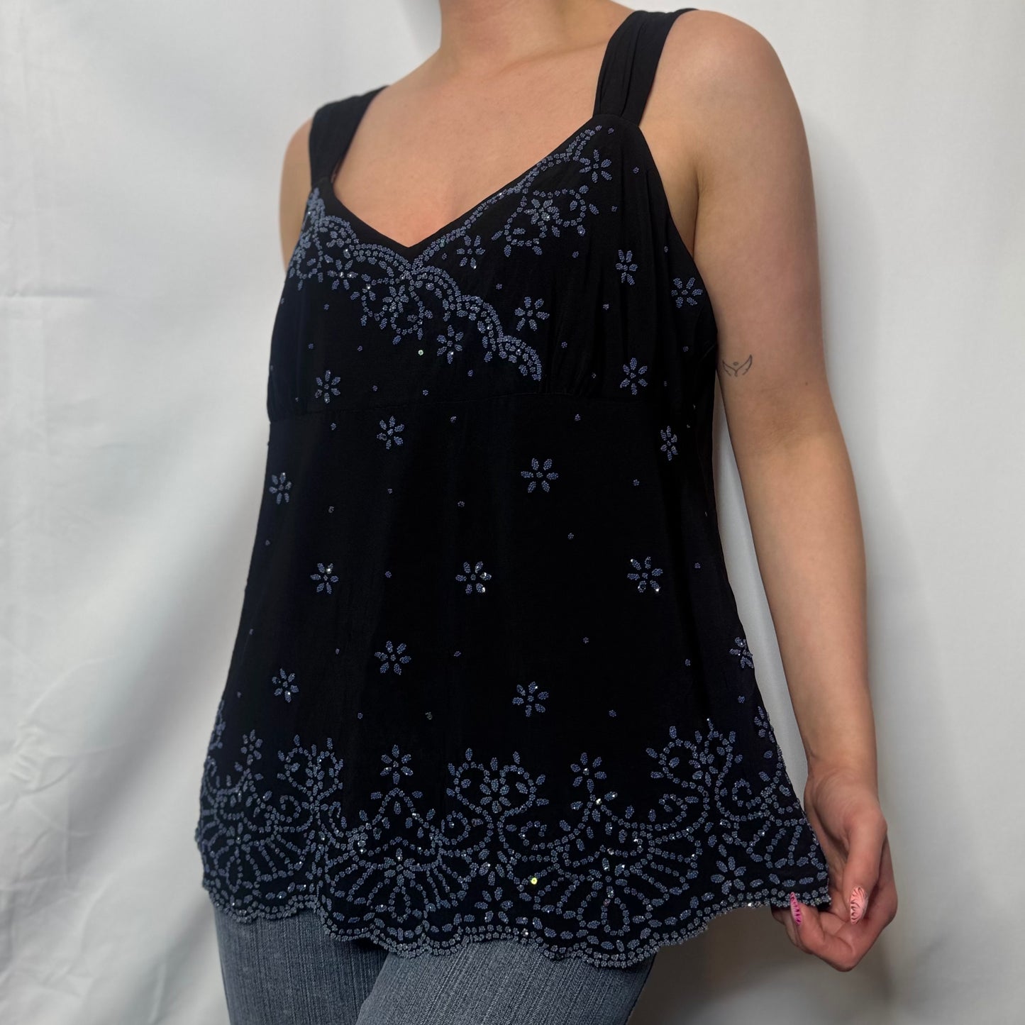 Vintage Black Beaded Cami Top (XL)