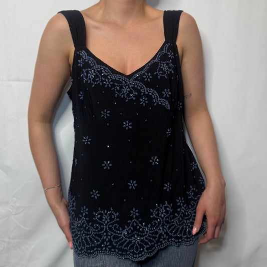Vintage Black Beaded Cami Top (XL)