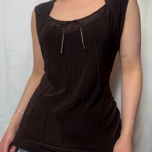 Y2K Chocolate Brown Bow Detail Top (M)
