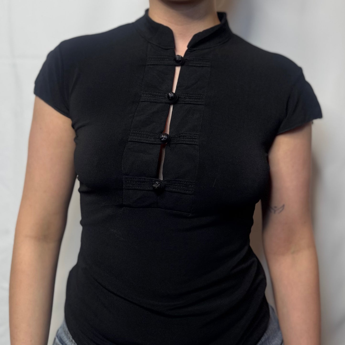 Vintage Black Mandarin Collar Top (XS)
