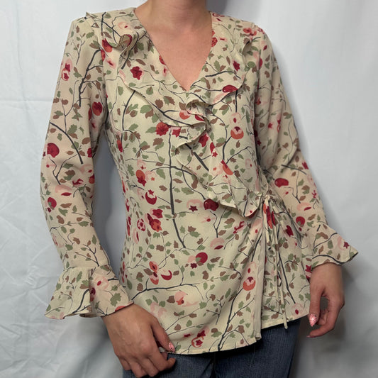 Vintage Ruffle Front Floral Blouse (UK 8)