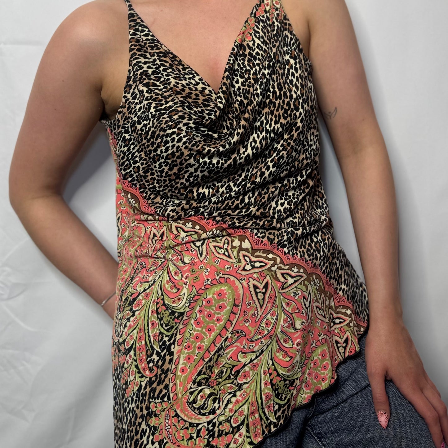Y2K Mixed Print Cowl Neck Top (L)