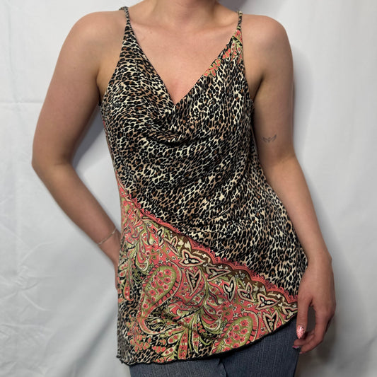 Y2K Mixed Print Cowl Neck Top (L)