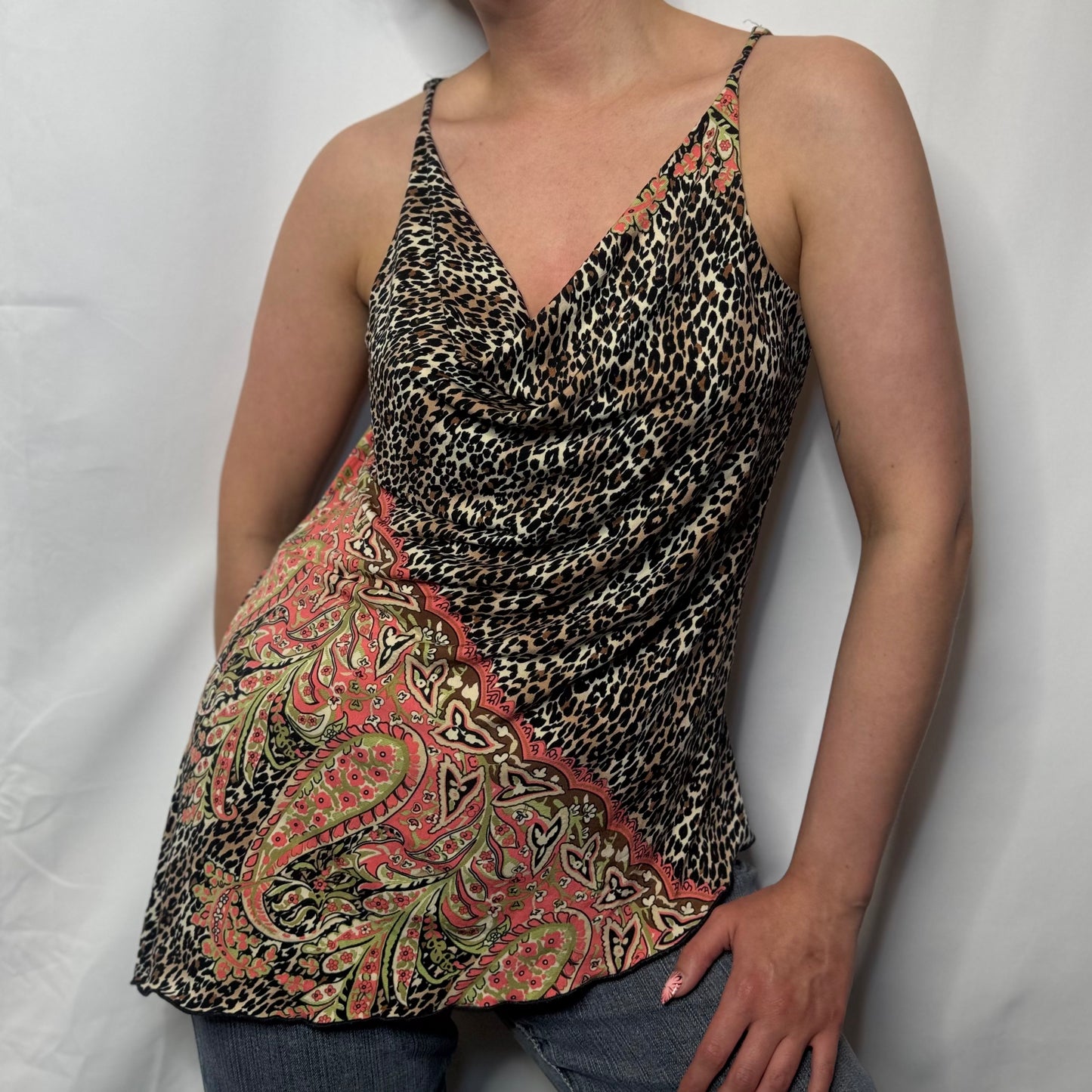 Y2K Mixed Print Cowl Neck Top (L)