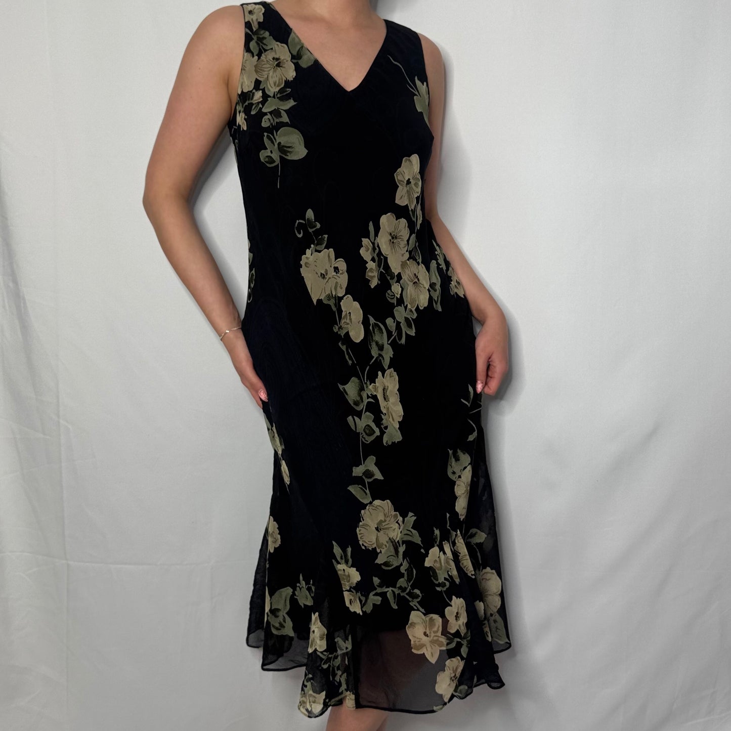 Vintage Midnight Floral Midi Dress (UK 12)