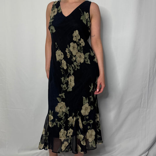 Vintage Midnight Floral Midi Dress (UK 12)